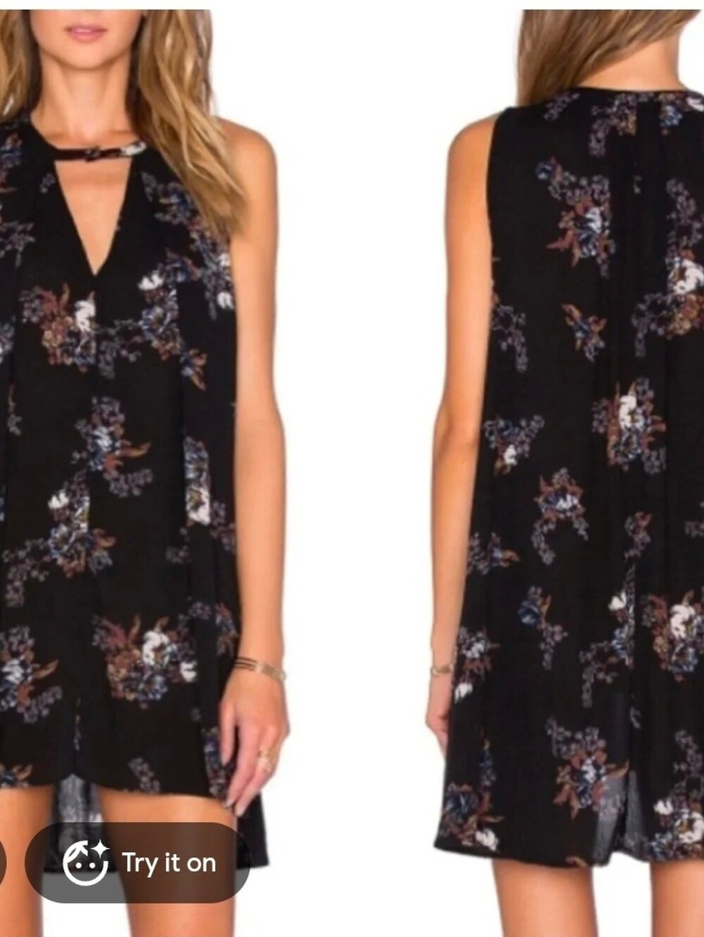 Free People Women’s Black Floral Sleeveless Cut-Out Tunic Dress Keyhole S